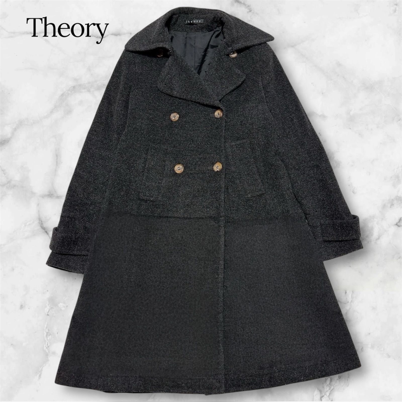 Theory ウール カシミヤ ダブルブレストロングコート Aライン フレア