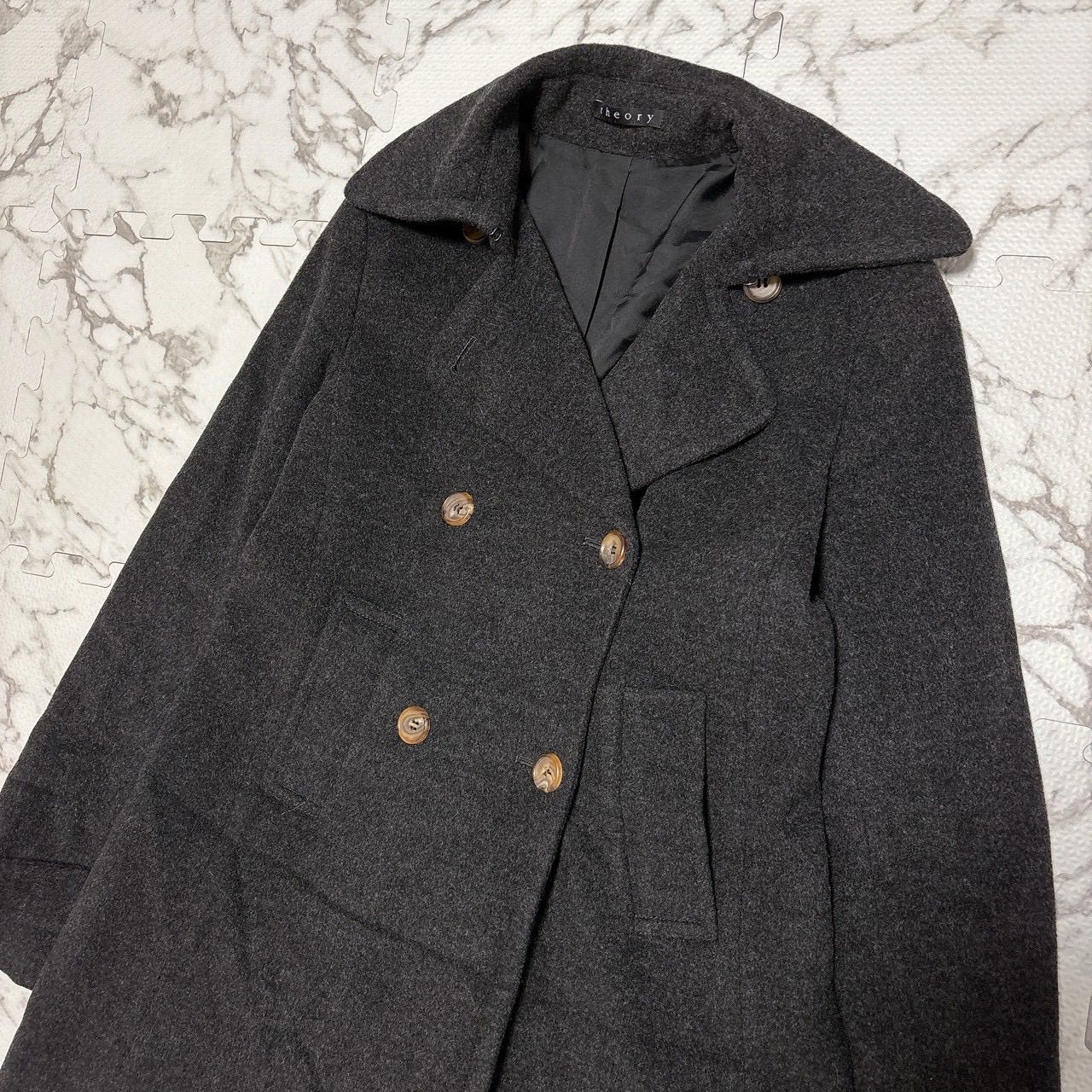 Theory ウール カシミヤ ダブルブレストロングコート Aライン フレア 