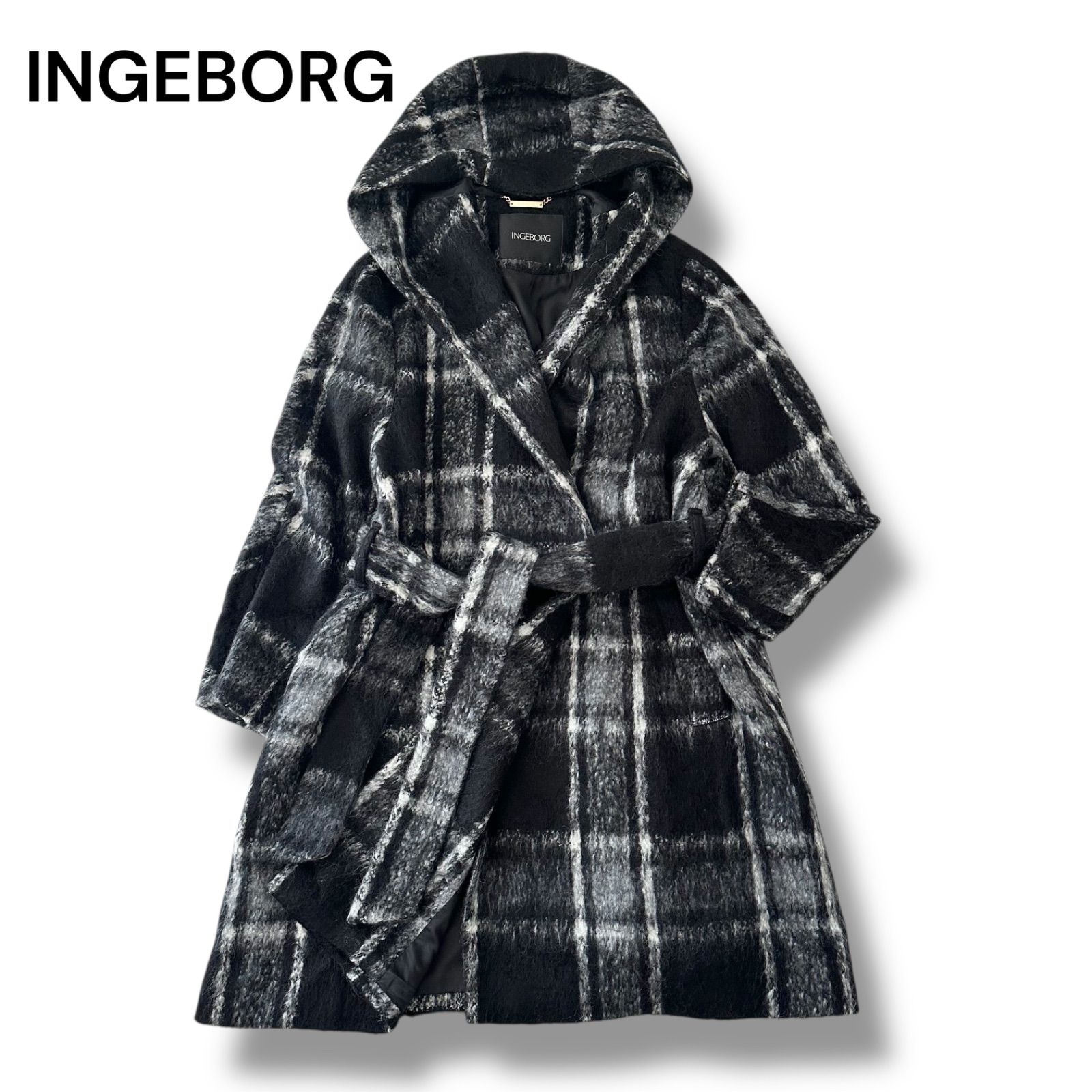 美品 INGEBORG インゲボルグ シャギーチェック ガウンコート フード