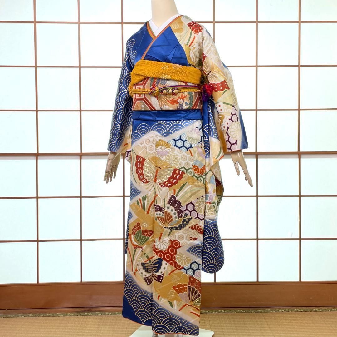 振袖 正絹 刺繍金彩 蝶々 松皮菱 青海波 渋い青 成人式 ビンテージ着物