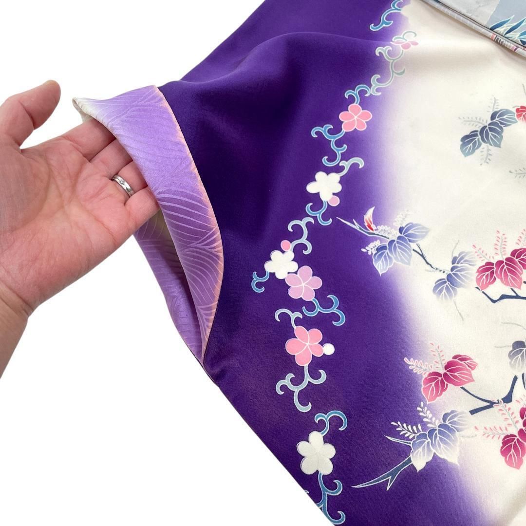 振袖 正絹 刺繍 銀彩 花車 瑞鳥 ホワイト 青紫 成人式 着物 kimonlove 