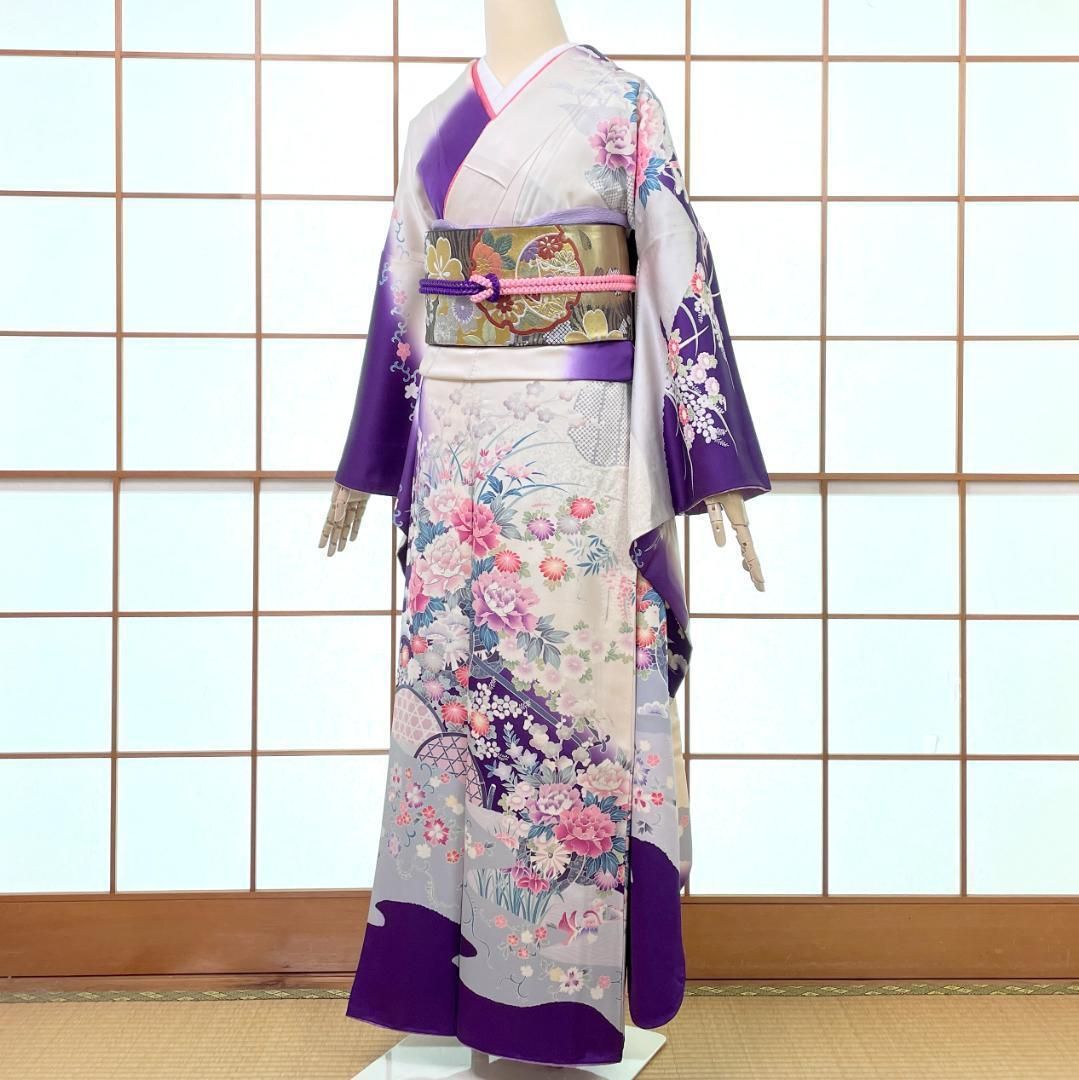 振袖 正絹 刺繍 銀彩 花車 瑞鳥 ホワイト 青紫 成人式 着物 A-1137