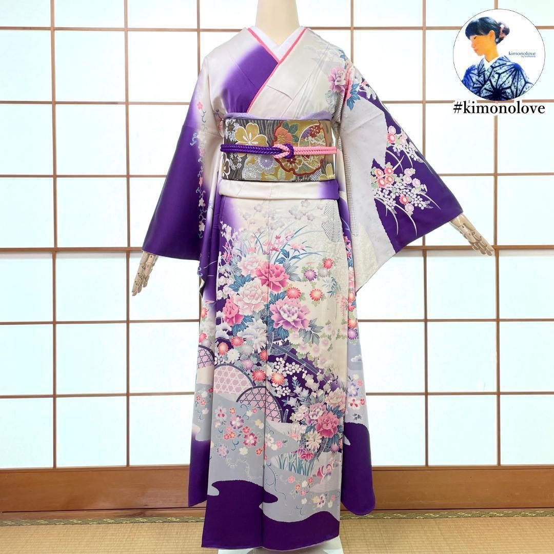 振袖 正絹 刺繍 銀彩 花車 瑞鳥 ホワイト 青紫 成人式 販売済み 着物