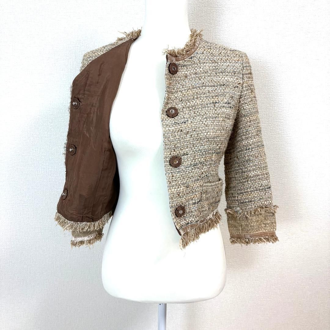 ♡美品♡ FOXEY ジャケット 40 ベージュ ツイード ノーカラー 美品】 FOXEY ノーカラージャケット 40 ベージュブラウン ツイード