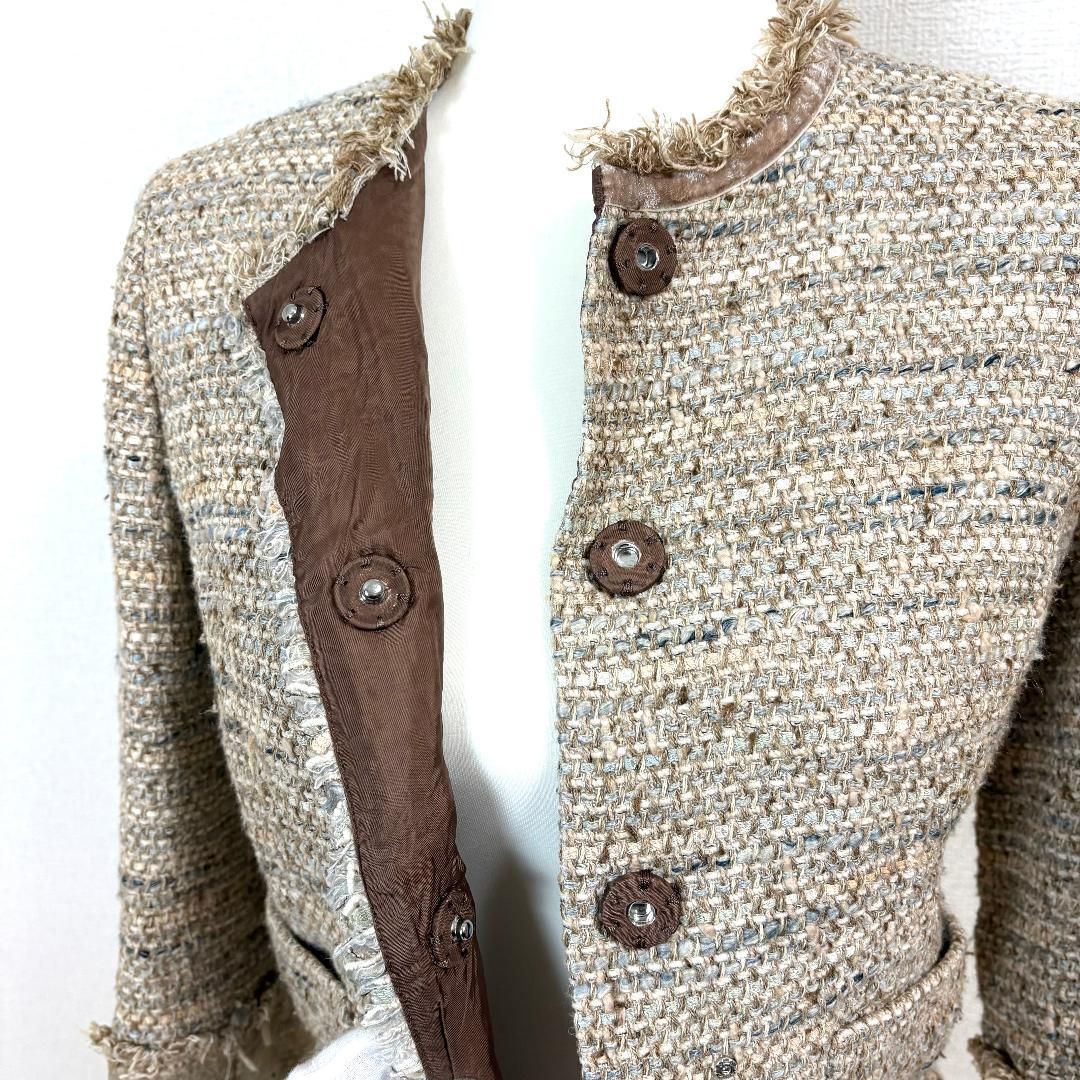 美品】 FOXEY ノーカラージャケット 40 ベージュブラウン ツイード
