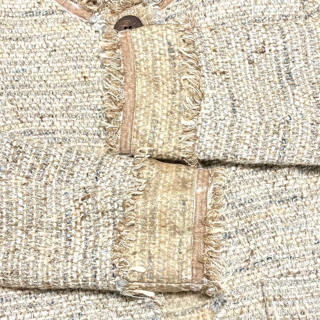 美品】 FOXEY ノーカラージャケット 40 ベージュブラウン ツイード