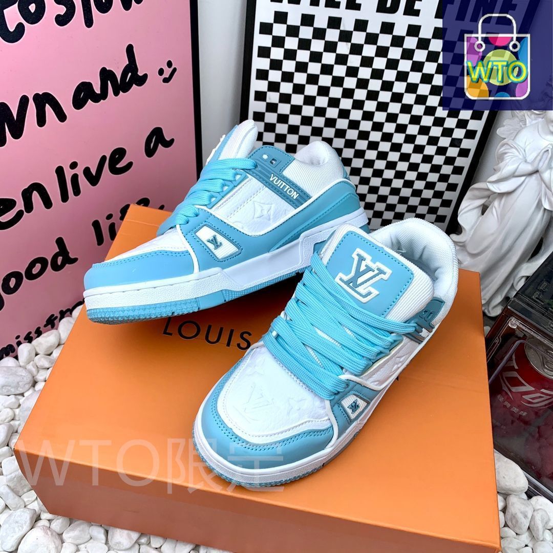 Louis Vuitton スニーカー 青/白 ルイ・ヴィトン「ミニ・モノグラム」柄のメンズ白レザースニーカー