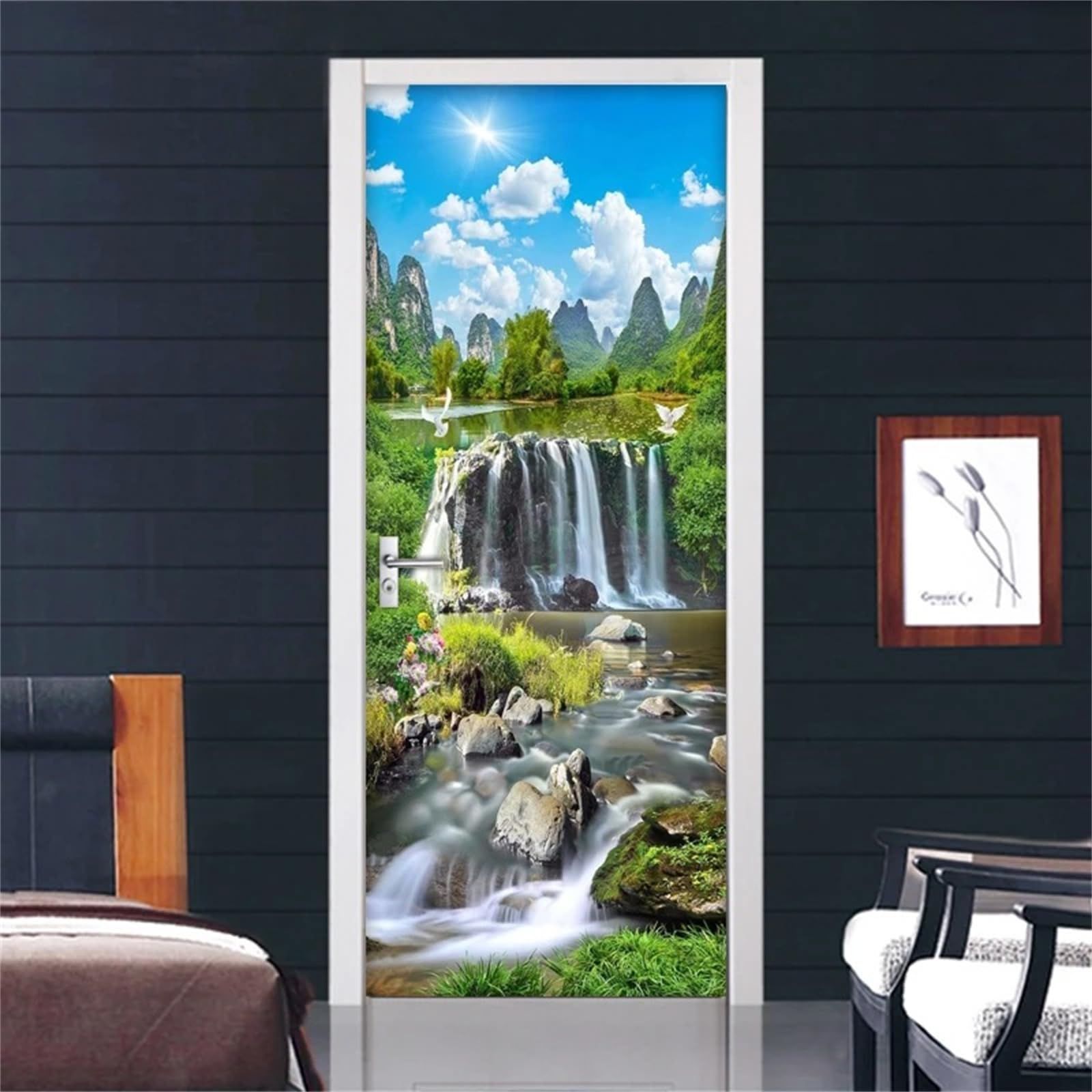 数量 ドア ステッカー 壁紙シール ドアの壁画 壁画シール 風景 アルパイン湖 滝 絶景 3 D ドア装飾ステッカー お風呂 ポスター はがせる ベッドルーム おしゃれ リビングルーム 寝室 部屋 ドア用のステッカー ドアステッカー 壁シール