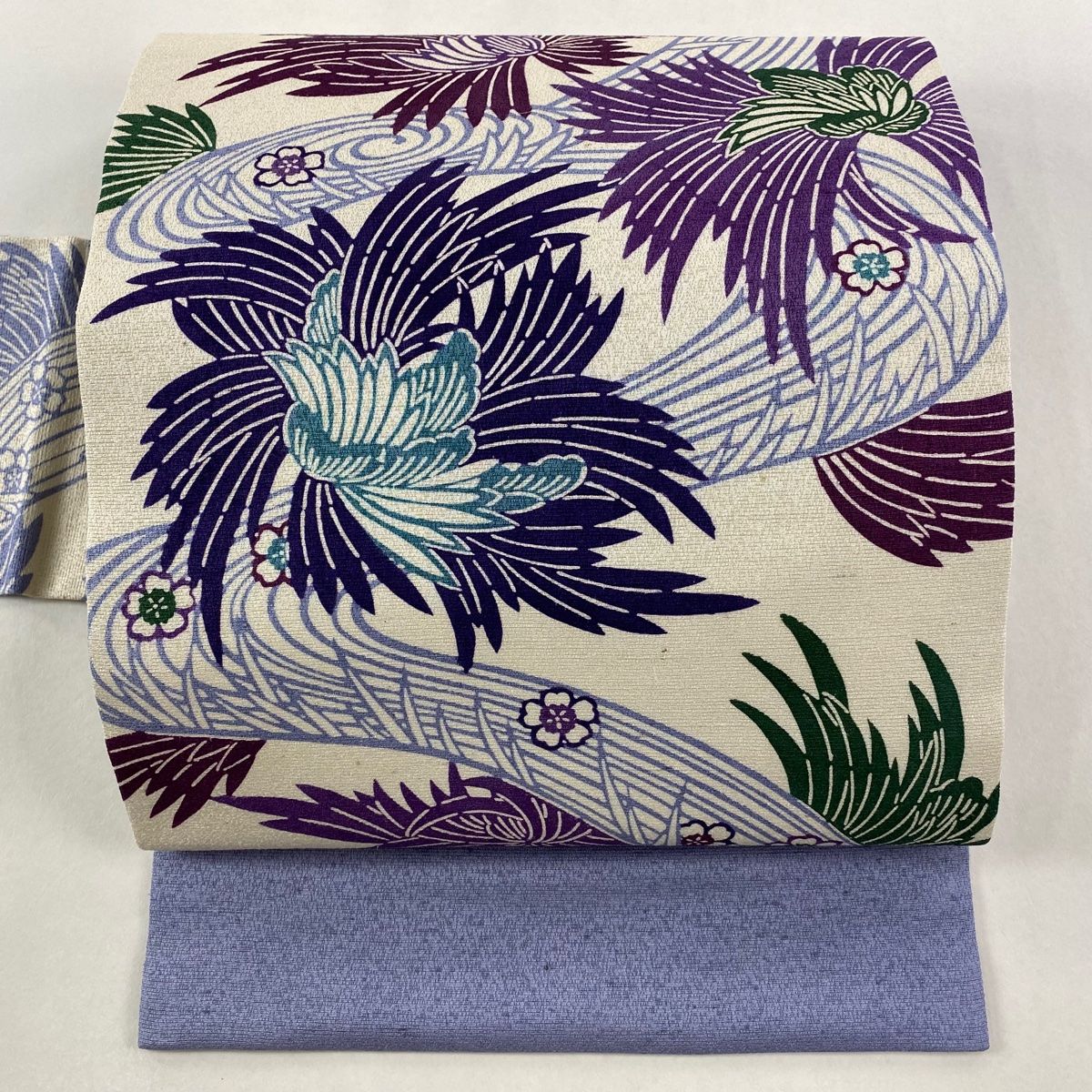 美品】 名古屋帯 逸品 栗山吉三郎 落款 紬地 和染紅型 菊 流水