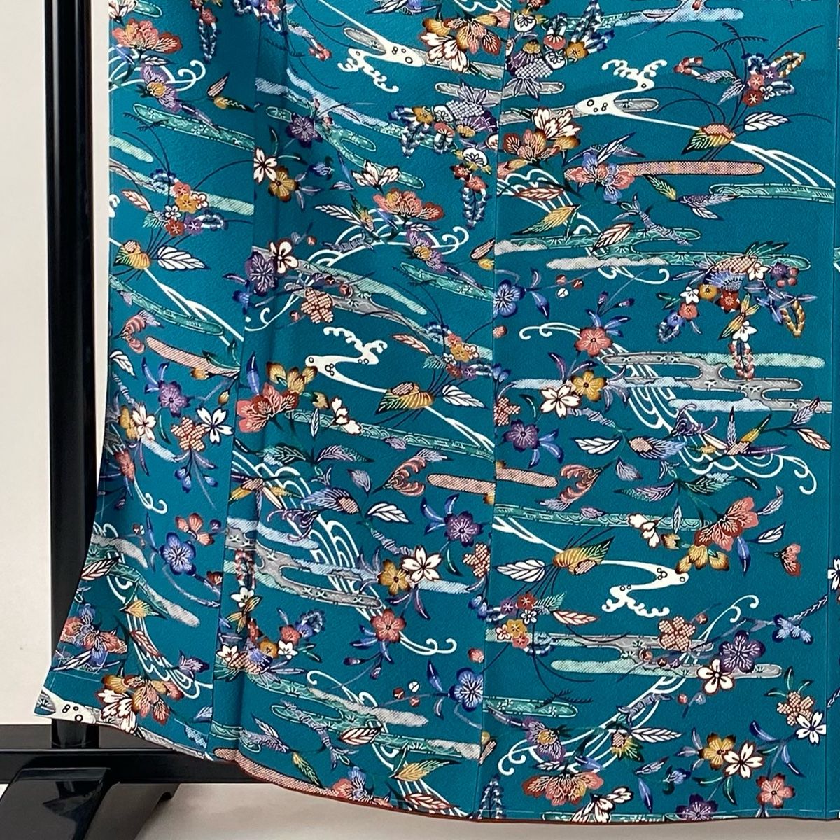 美品】 小紋 身丈162cm 裄丈65cm M 袷 桜 ヱ霞 縮緬 青緑 正絹 秀品