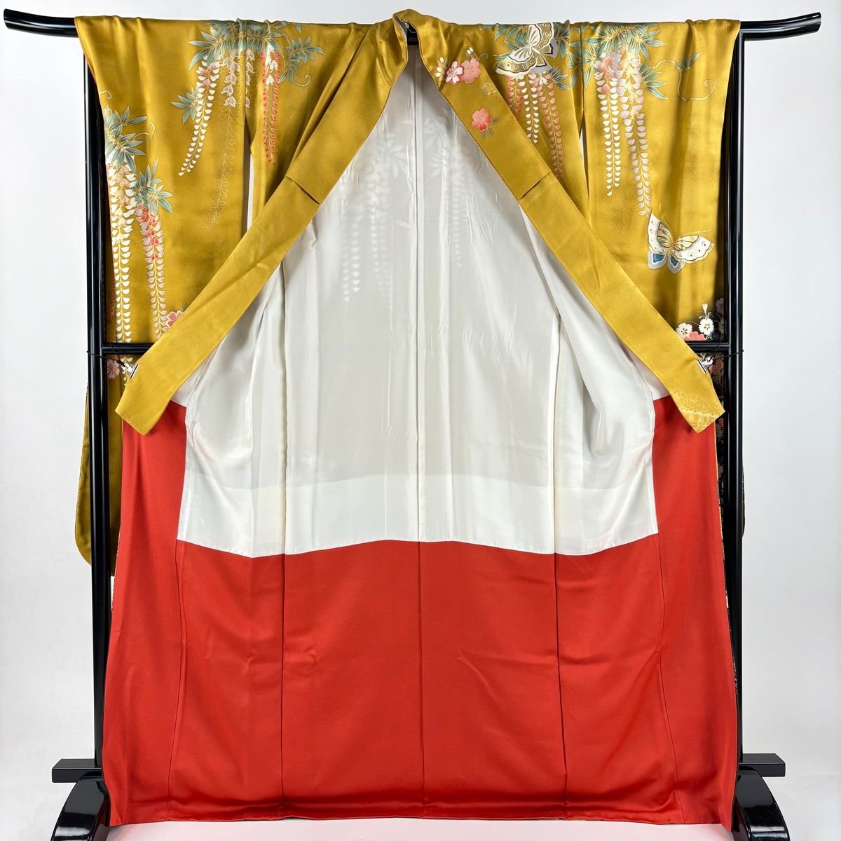 振袖 身丈172cm 裄丈70cm L 袷 蝶 桜 金糸 金彩 山吹茶色 正絹 秀品