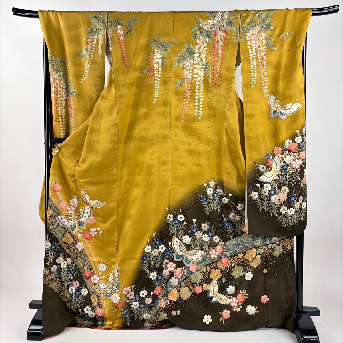 振袖 身丈172cm 裄丈70cm L 袷 蝶 桜 金糸 金彩 山吹茶色 正絹 秀品