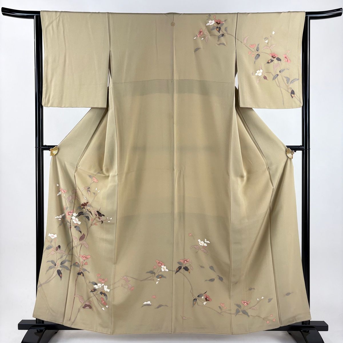 訪問着 身丈161cm 裄丈65cm M 袷 枝花 螺鈿 金彩 薄茶色 正絹 秀品 一