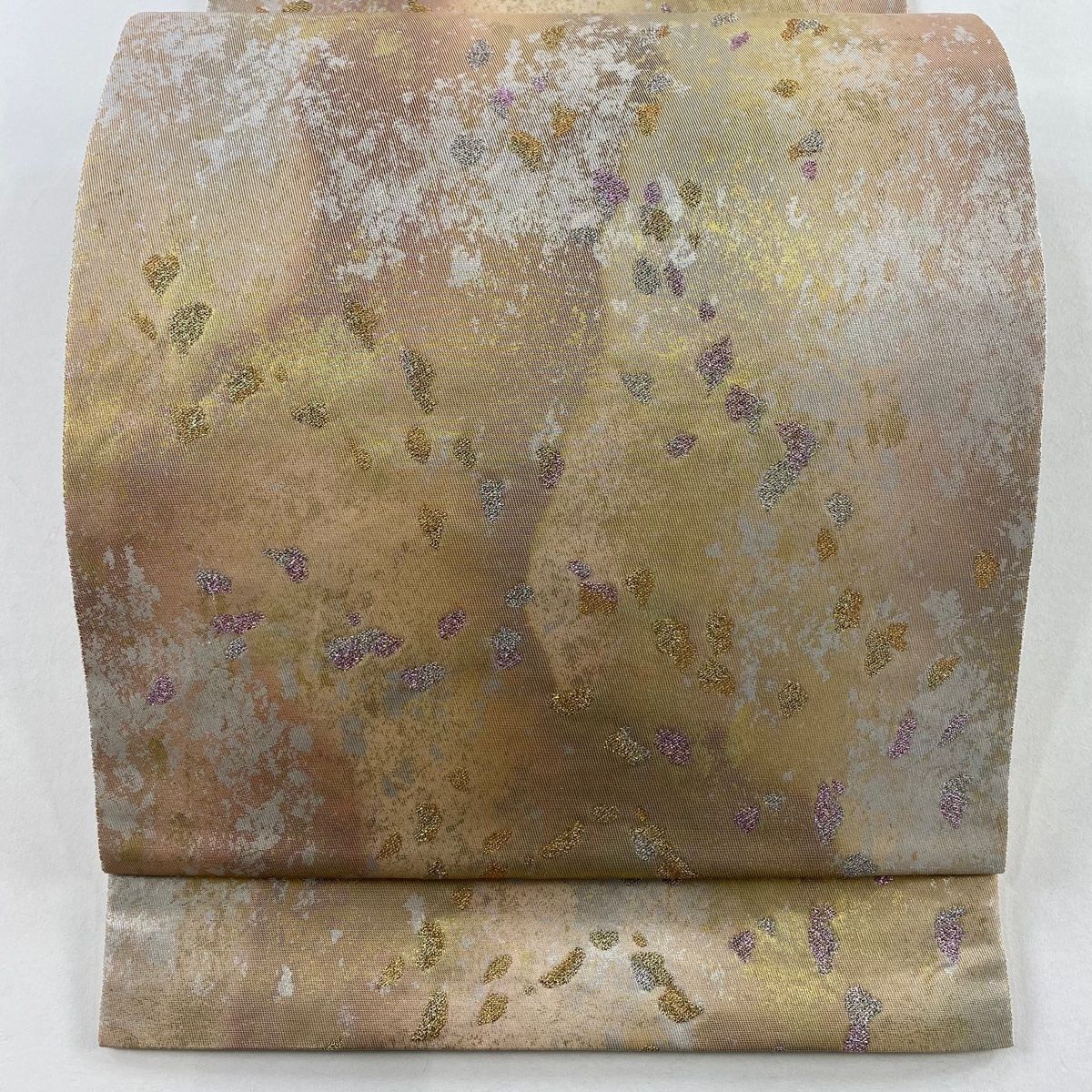 ☆美品　袋帯　岩井半四郎 袋帯 秀品 落款 岩井半四郎 岩井友見 幾何学 箔 ピンクベージュ 六通