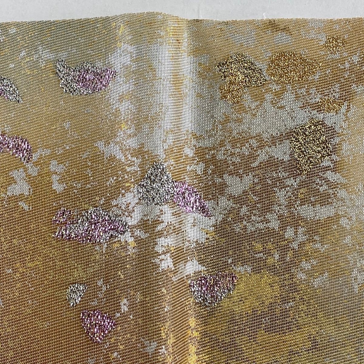 ☆美品　袋帯　岩井半四郎 袋帯 秀品 落款 岩井半四郎 岩井友見 幾何学 箔 ピンクベージュ 六通