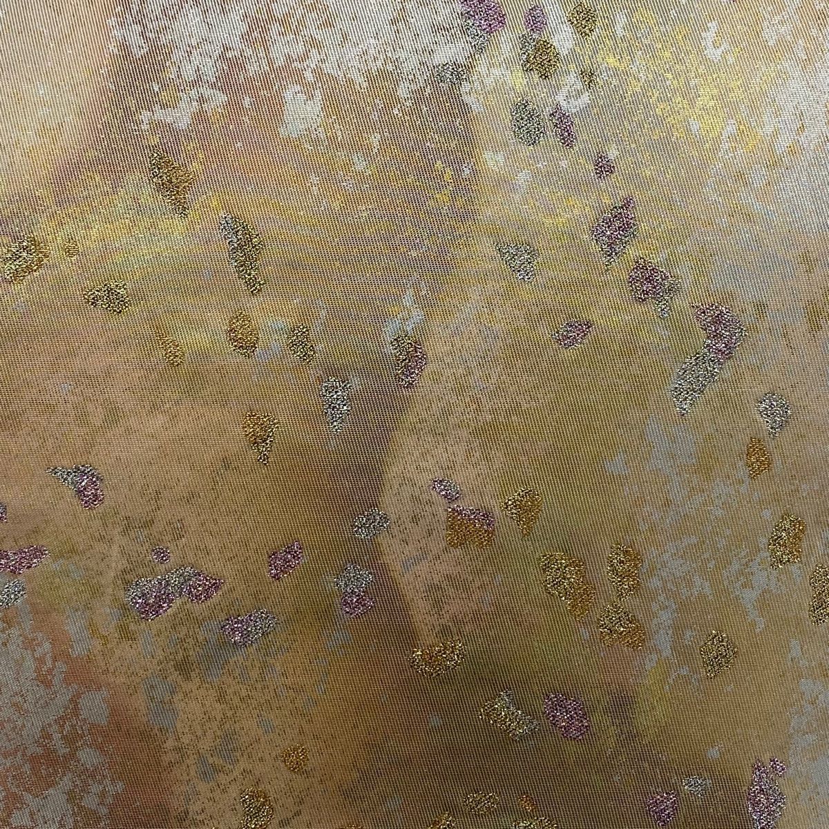 袋帯 秀品 落款 岩井半四郎 岩井友見 幾何学 箔 ピンクベージュ 六通