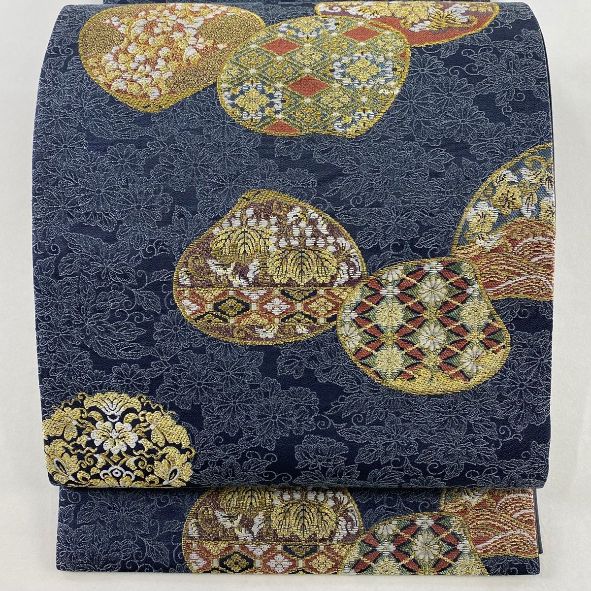 美品】 袋帯 秀品 貝合わせ 草花 金糸 刺繍 青灰色 六通 正絹 【中古