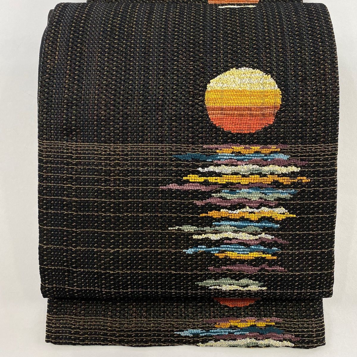 正絹 六通袋帯【丸紋 水面 黒 ゴールド】