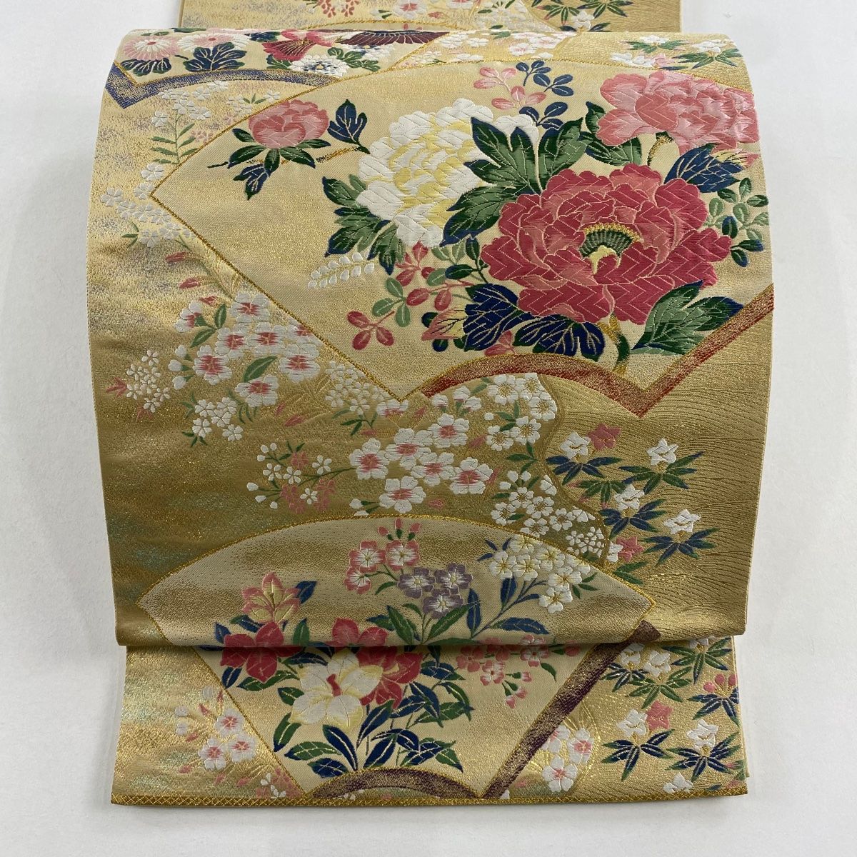 袋帯 名品 関西仕立て 扇面 花鳥 唐織 箔 ベージュ 六通 正絹 【中古