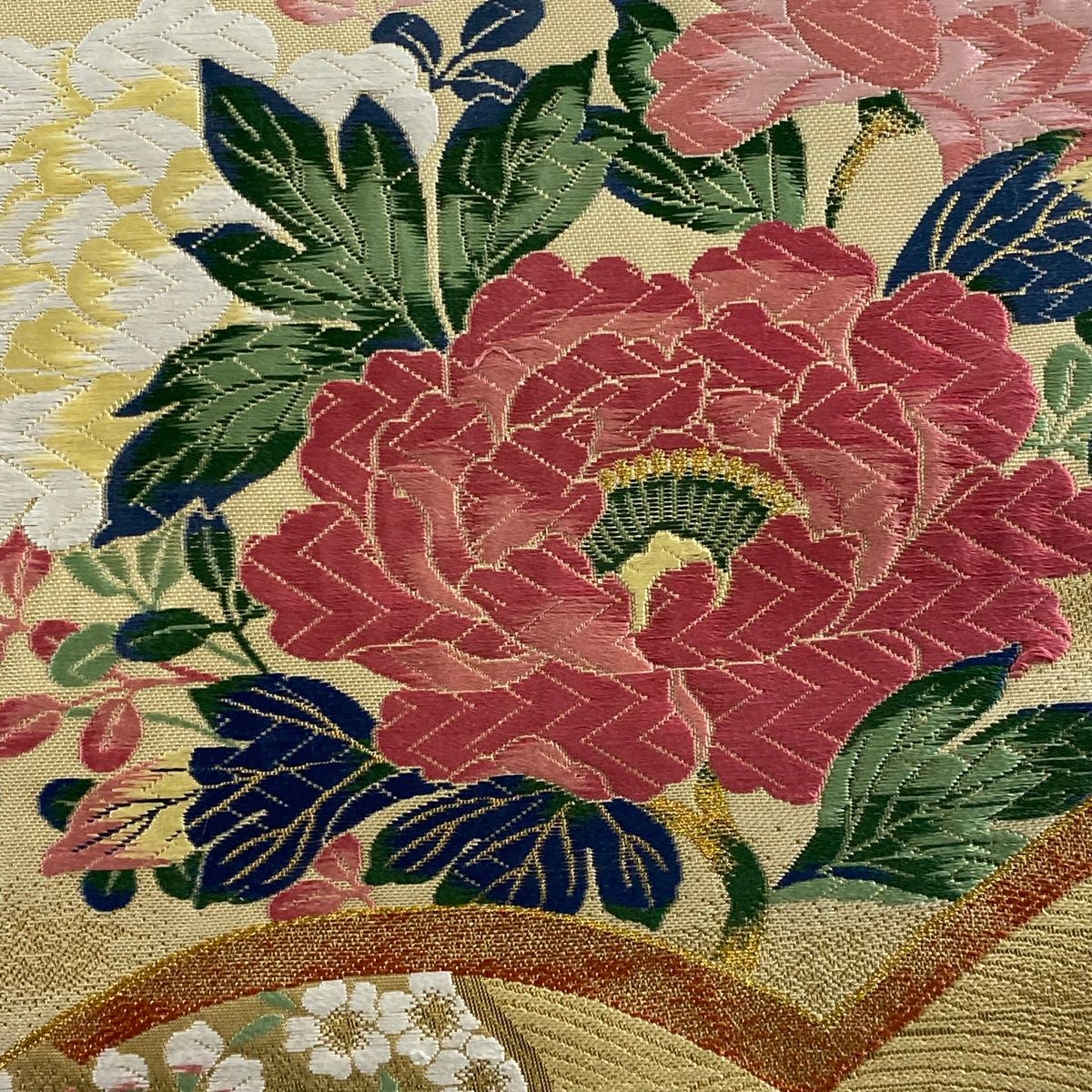 袋帯 名品 関西仕立て 扇面 花鳥 唐織 箔 ベージュ 六通 正絹 【中古