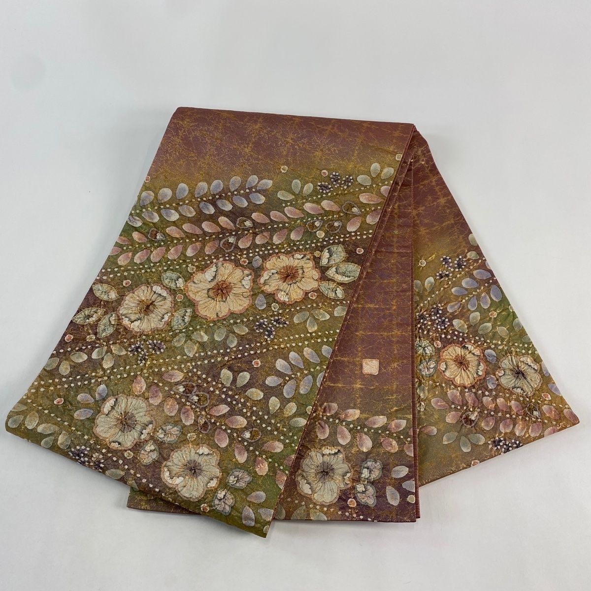 美品】 袋帯 名品 落款 辻が花 格子 箔 ピンク お太鼓柄 正絹 【中古