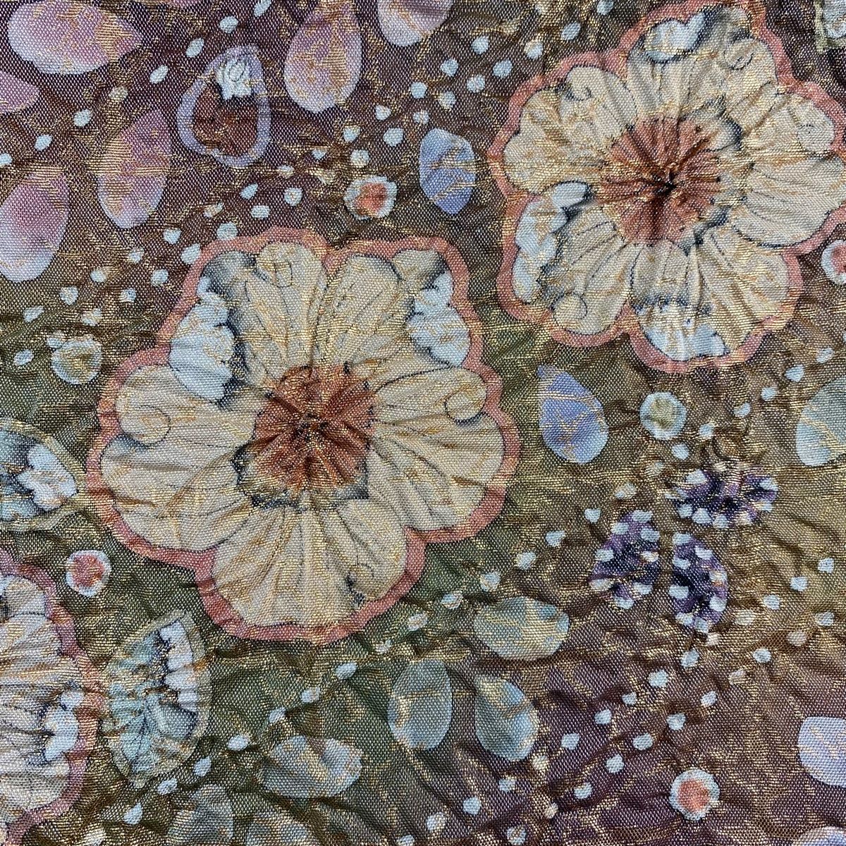 美品】 袋帯 名品 落款 辻が花 格子 箔 ピンク お太鼓柄 正絹 【中古