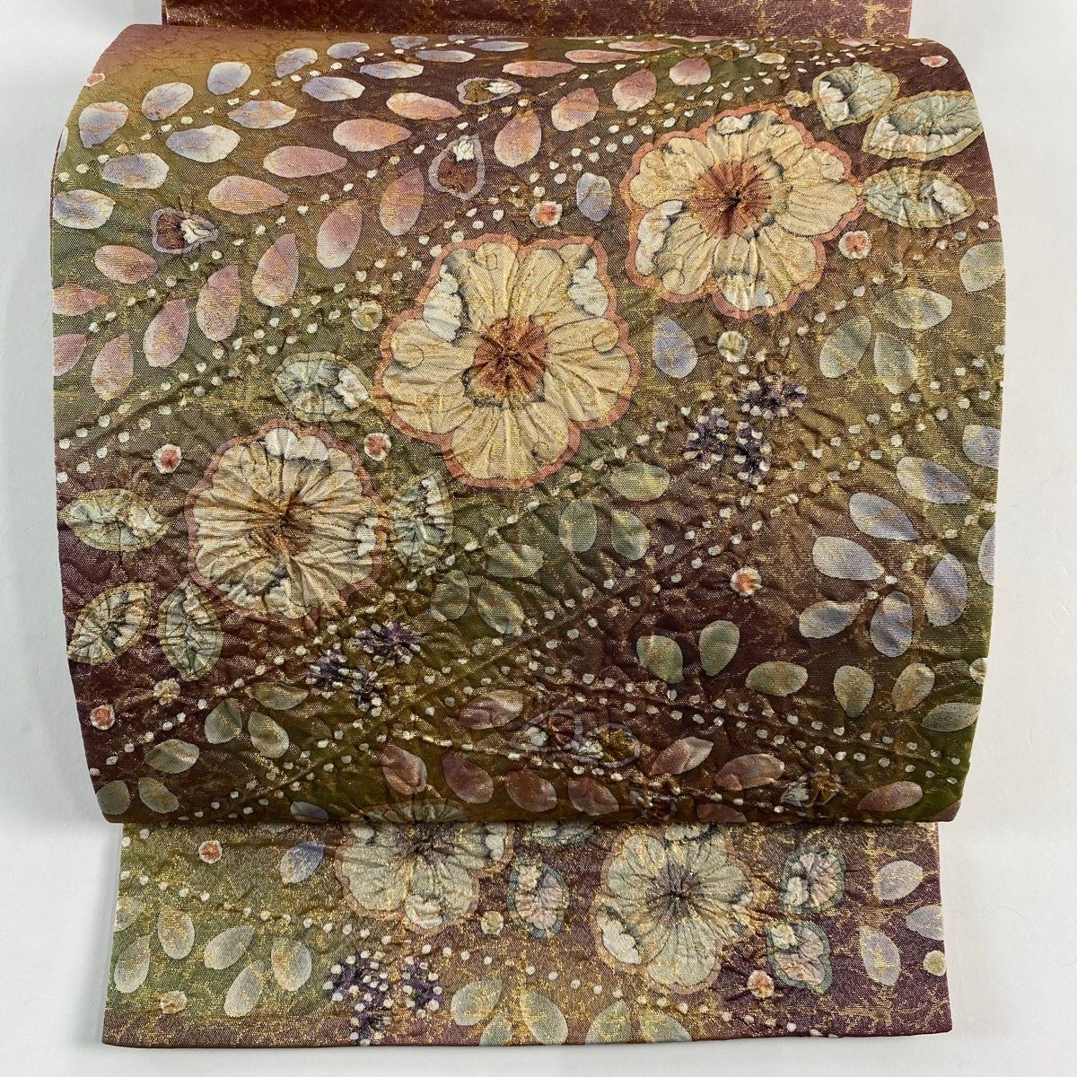 美品】 袋帯 名品 落款 辻が花 格子 箔 ピンク お太鼓柄 正絹 【中古