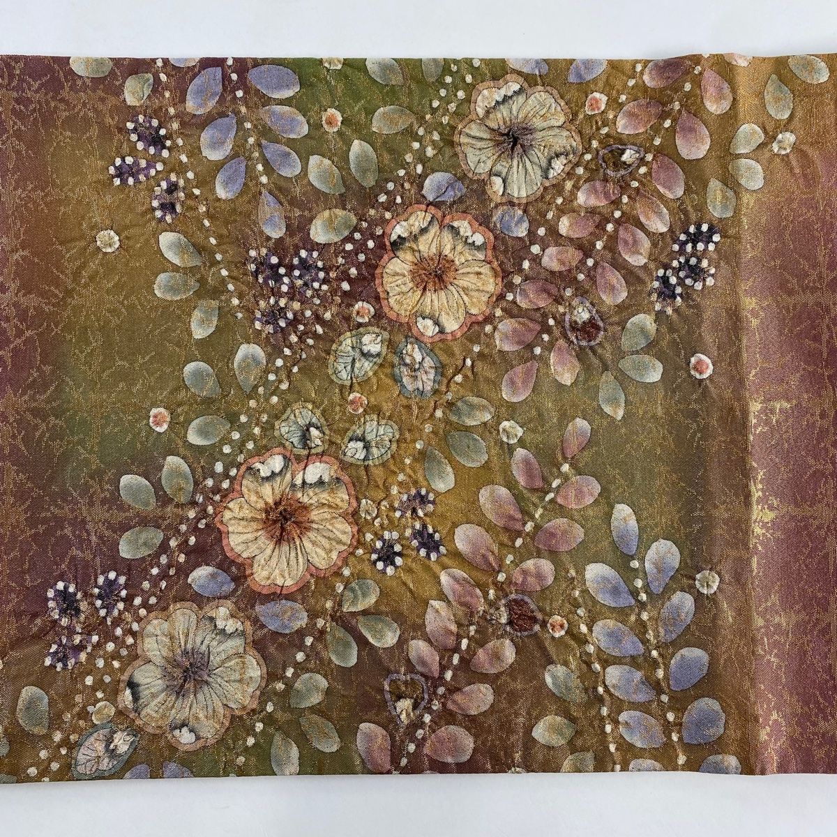 美品】 袋帯 名品 落款 辻が花 格子 箔 ピンク お太鼓柄 正絹 【中古