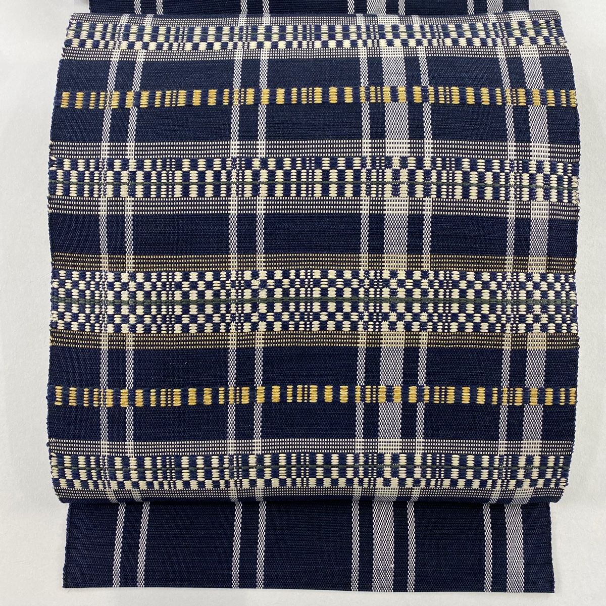 美品】 名古屋帯 秀品 八寸名古屋帯 松葉仕立て 格子 紺色 正絹 【中古