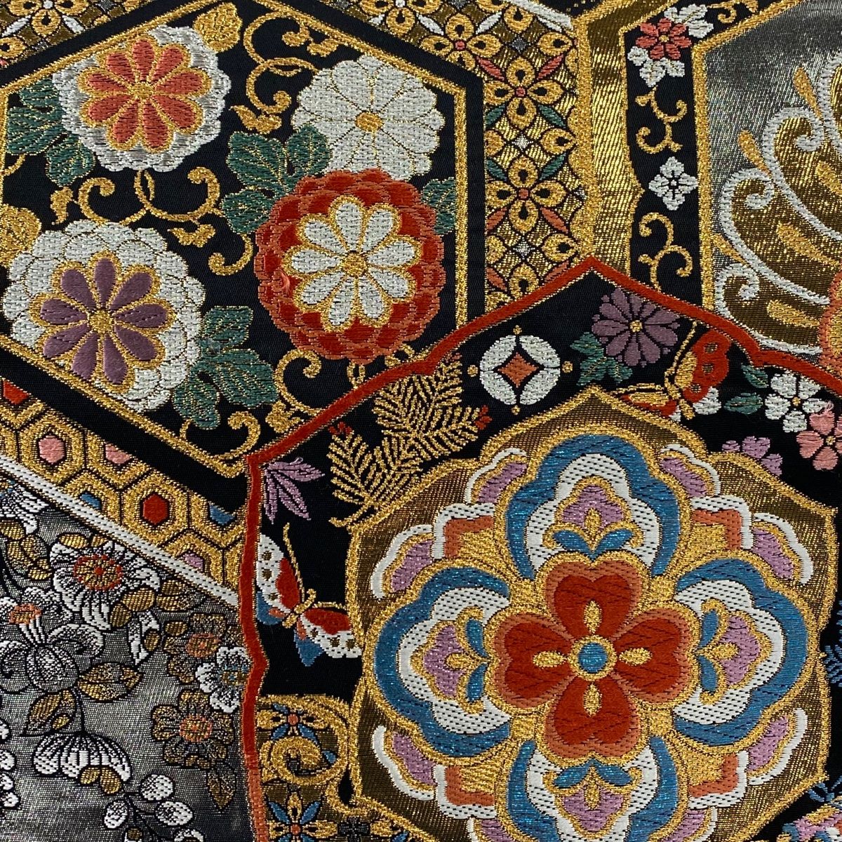 袋帯 秀品 振袖向き 華文 鳳凰 金糸 箔 銀色 全通 正絹 【中古