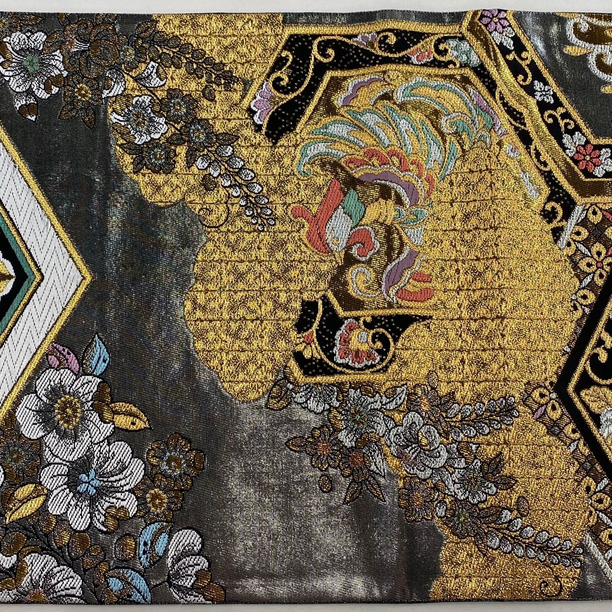 袋帯鳳凰柄美品金糸入り 袋帯 能衣 鳳凰に花模様 エ霞 金茶色 金糸 O-4057 【公式通販】