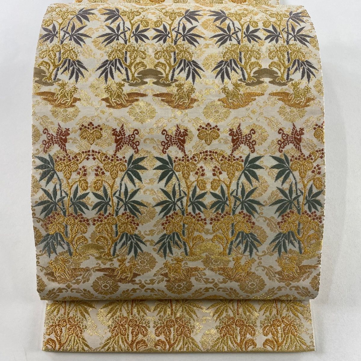 美品】 袋帯 秀品 関西仕立て 鳥 桐 金糸 箔 ベージュ 六通 正絹