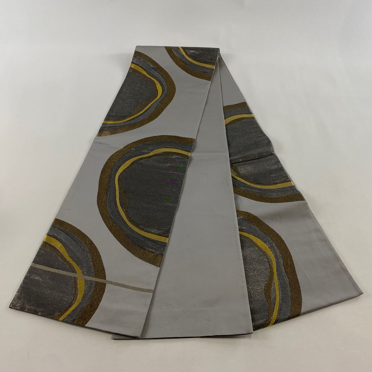  袋帯 秀品 幾何学 金銀糸 箔 灰色 全通 正絹 袋帯 帯