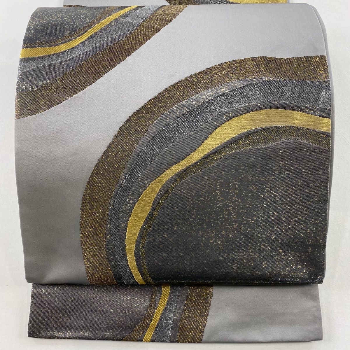 袋帯 秀品 幾何学 金銀糸 箔 灰色 全通 正絹