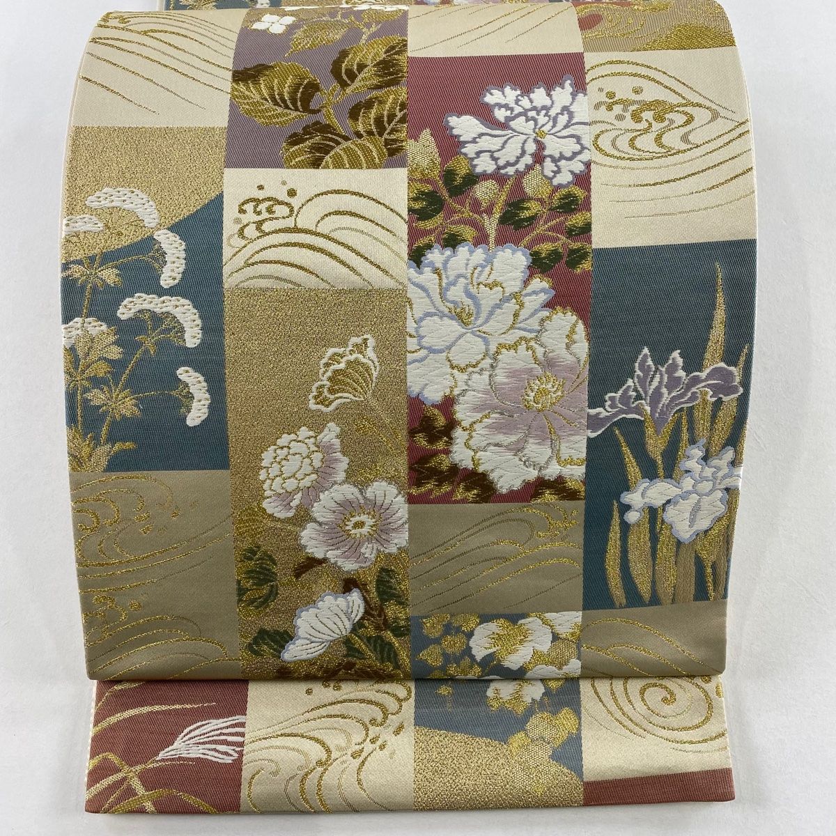 美品】 袋帯 秀品 短冊 草花 金銀糸 唐織 ベージュ 六通 正絹 【中古