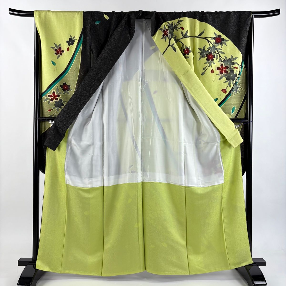 振袖 身丈162.5cm 裄丈67.5cm L 袷 桜 花びら 銀通し 金彩 抹茶色 正絹