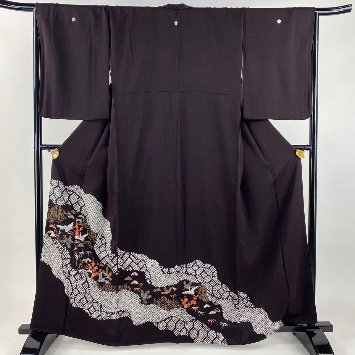 美品】 色留袖 身丈161cm 裄丈67.5cm L 袷 松竹梅 鶴 刺繍 絞り 濃紫
