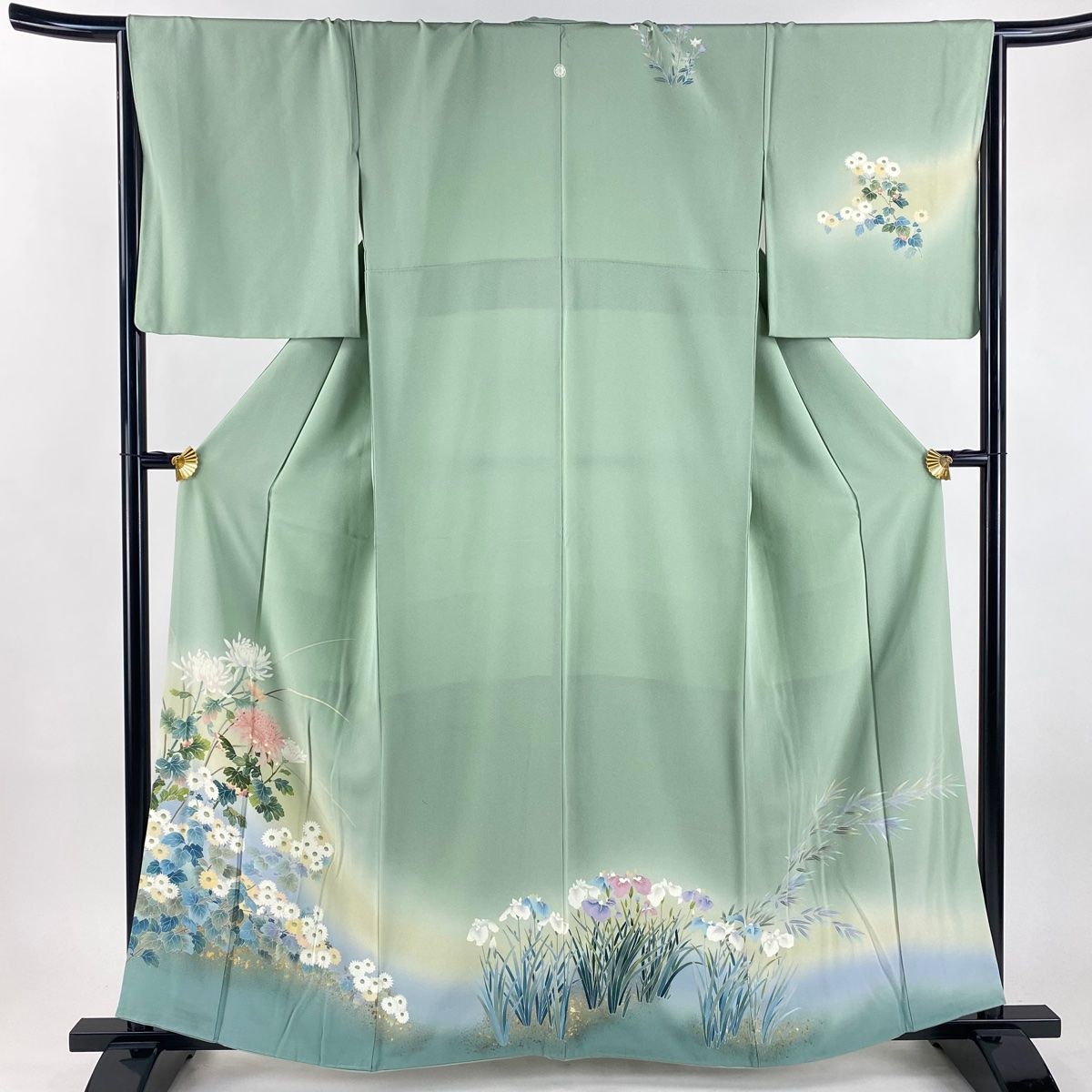 訪問着 身丈160cm 裄丈67cm M 袷 菊 菖蒲 金彩 ぼかし 薄緑 正絹 秀品