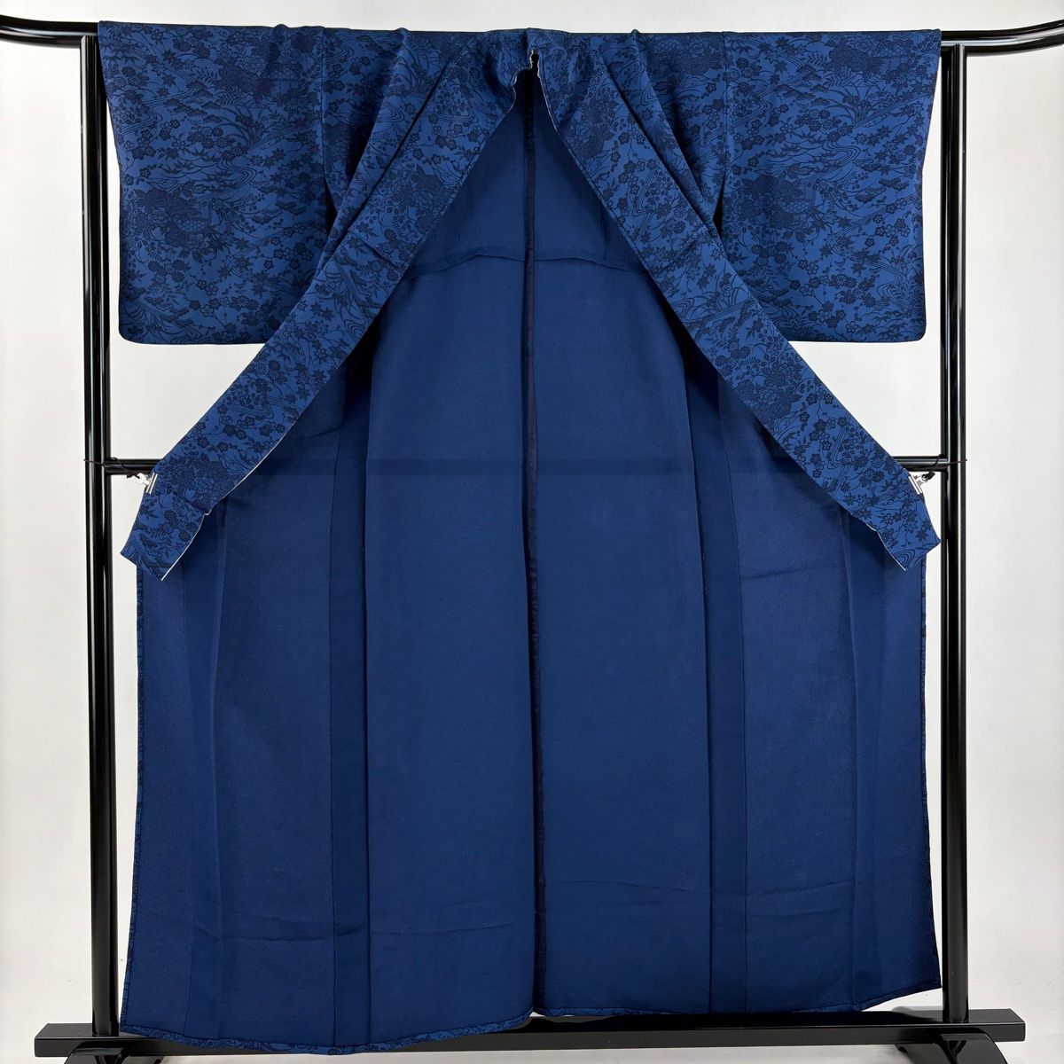 小紋 身丈158cm 裄丈63.5cm S 単衣 松竹梅 流水 縮緬 藍色 正絹 秀品