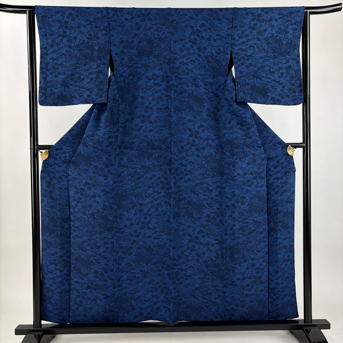 小紋 身丈158cm 裄丈63.5cm S 単衣 松竹梅 流水 縮緬 藍色 正絹 秀品