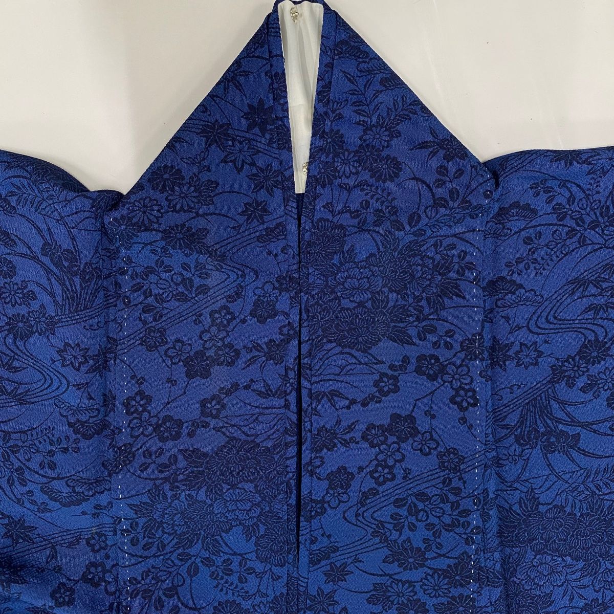 小紋 身丈158cm 裄丈63.5cm S 単衣 松竹梅 流水 縮緬 藍色 正絹 秀品