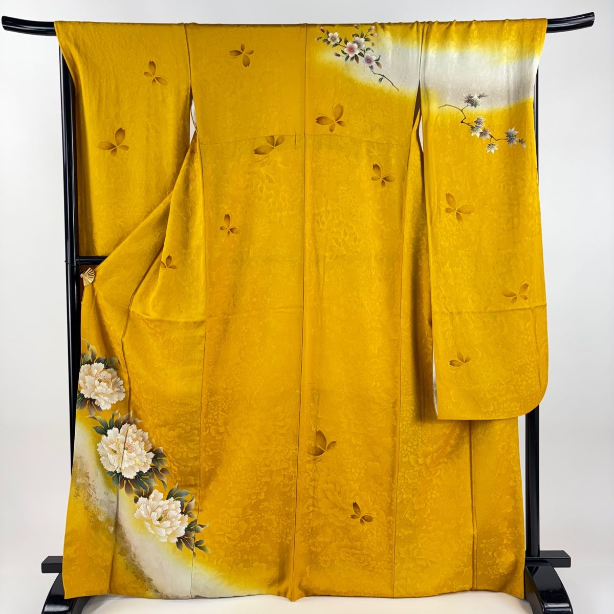 【杏ちゃん】裾引き　中振袖　紗袷　縮緬　舞台着物　身丈208　卵色地に薄物 杏ちゃん】裾引き 中振袖 紗袷 縮緬 舞台着物 身丈208 卵色地に薄物