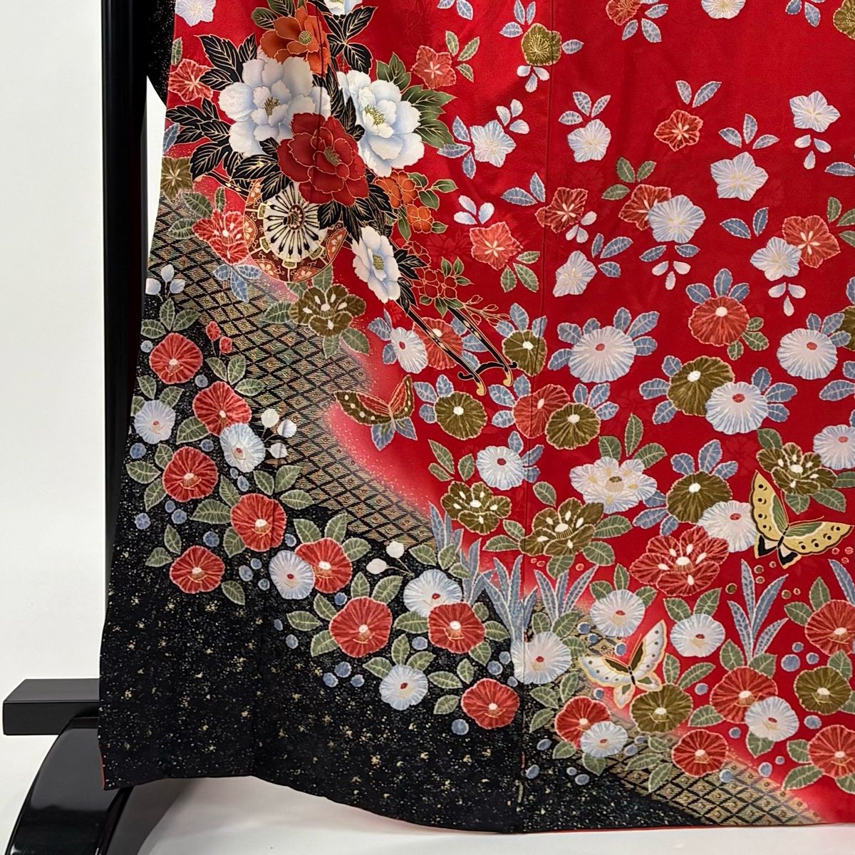 美品】 振袖 身丈166cm 裄丈66cm M 袷 袋帯フルセット 花車 蝶 金彩