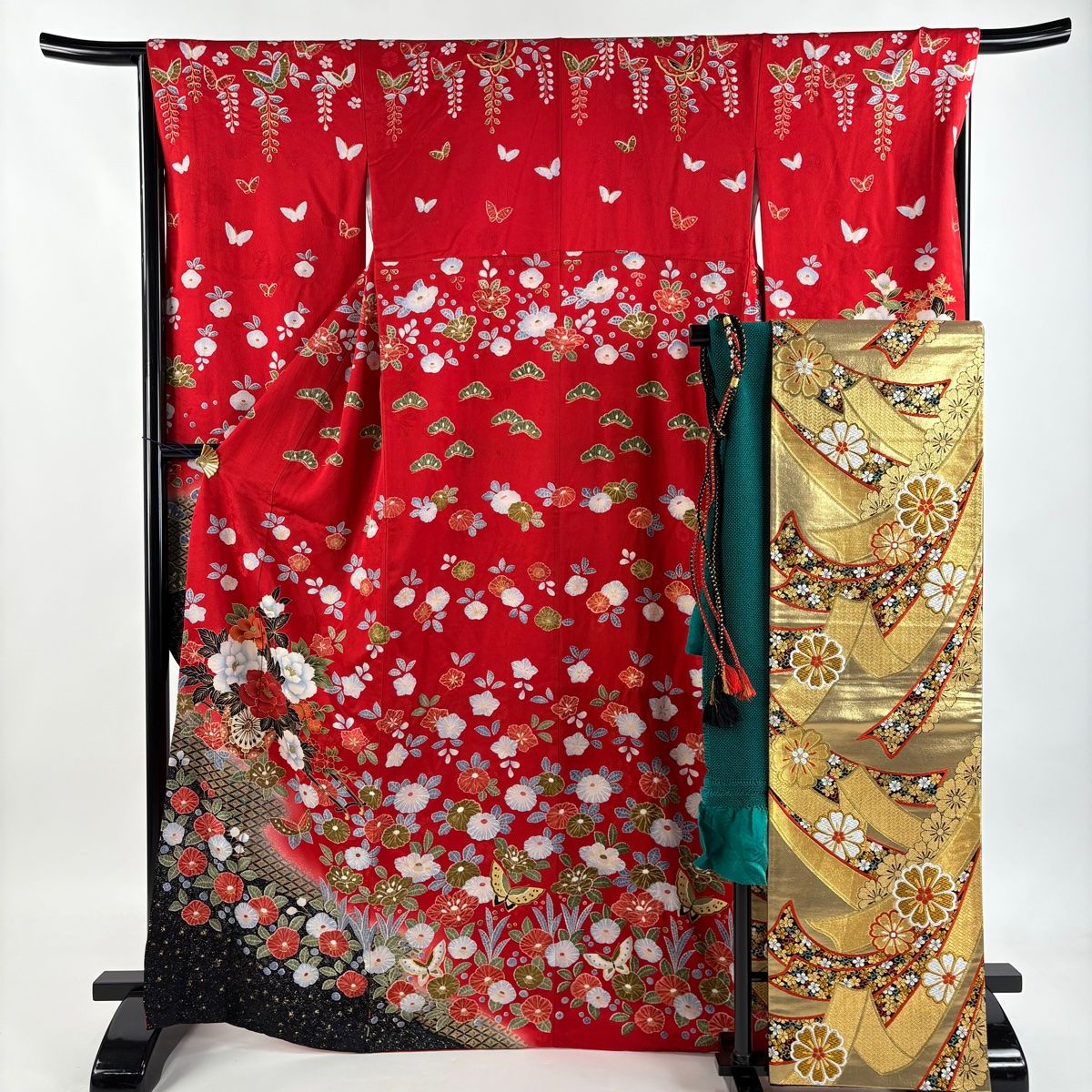 美品】 振袖 身丈166cm 裄丈66cm M 袷 袋帯フルセット 花車 蝶 金彩