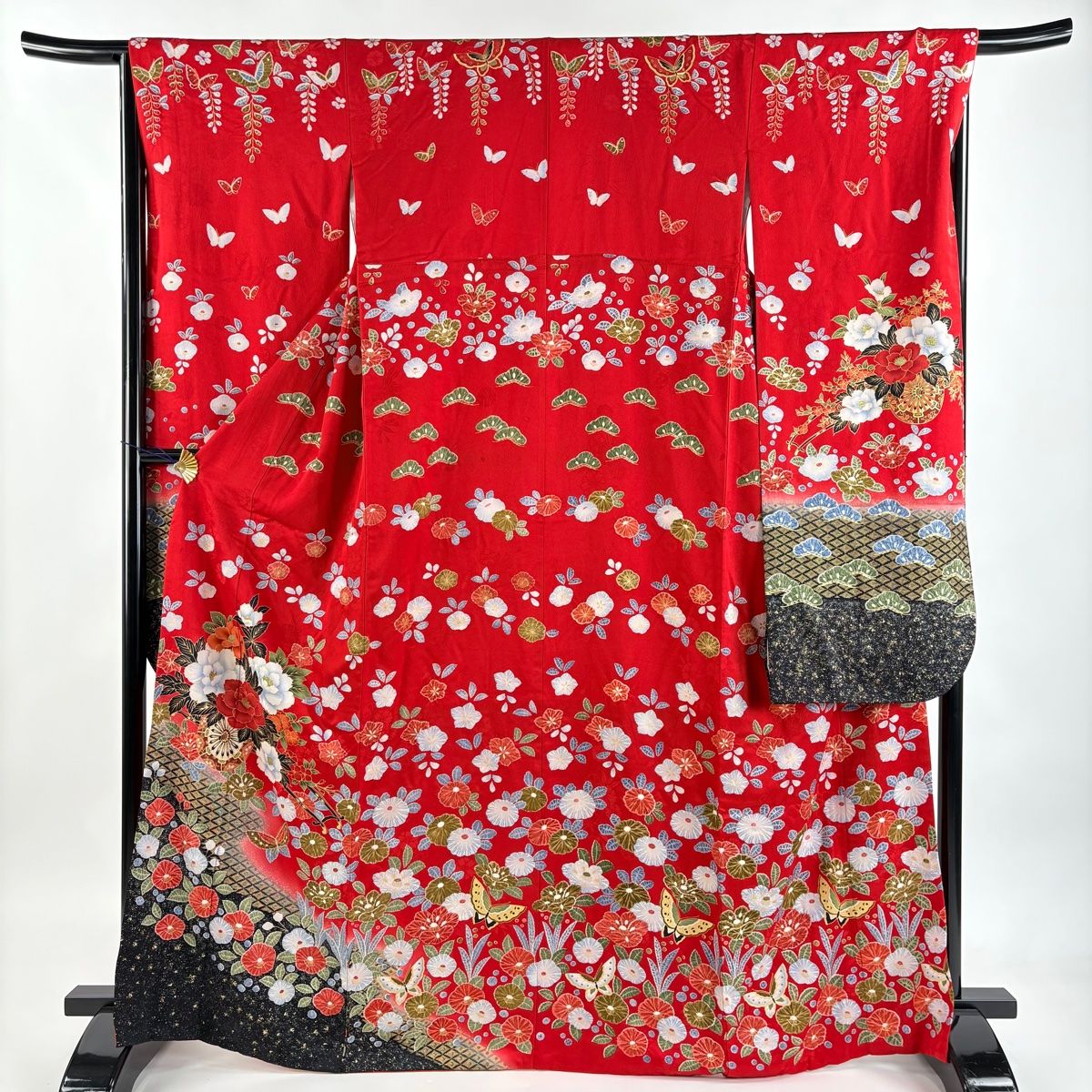 美品】 振袖 身丈166cm 裄丈66cm M 袷 袋帯フルセット 花車 蝶 金彩