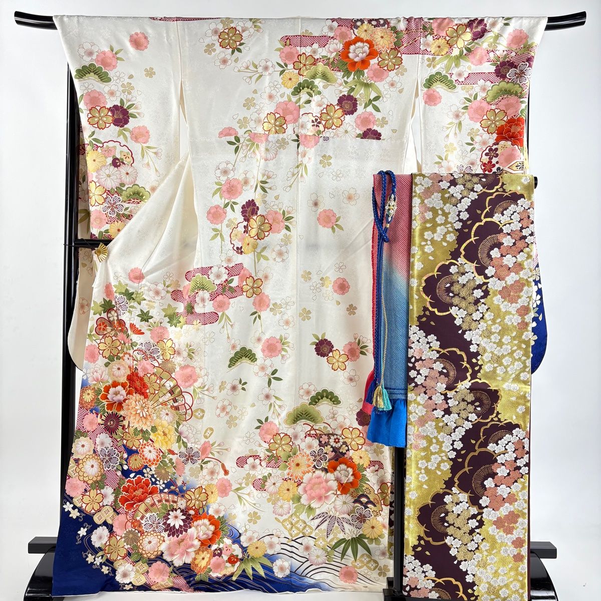 美品】 振袖 身丈170cm 裄丈71.5cm L 袷 袋帯フルセット 花車 檜扇