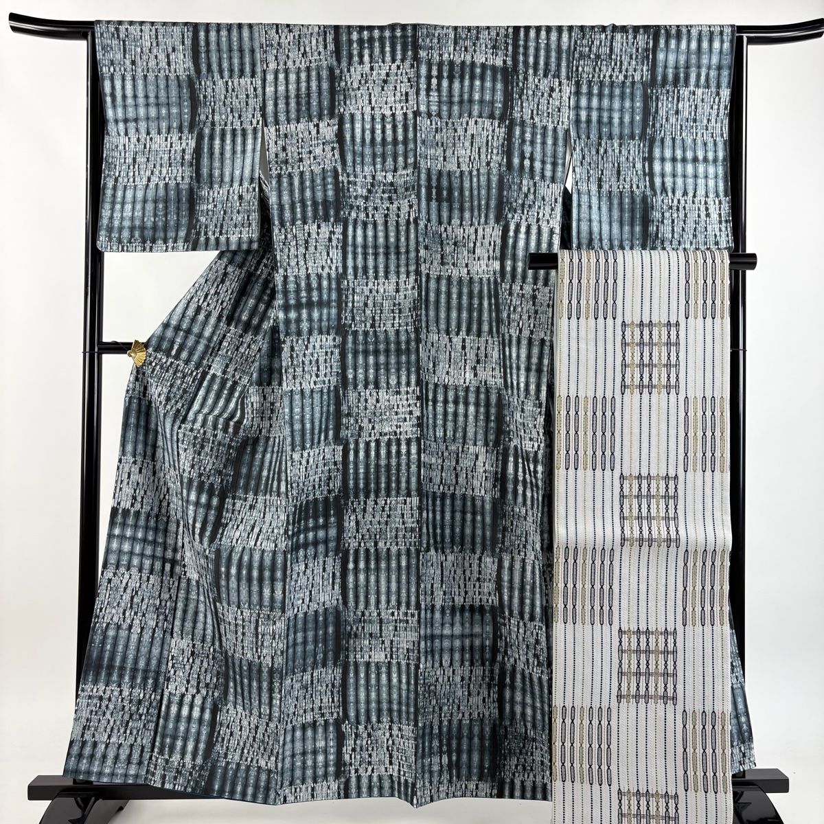 裄丈65着丈159袖丈46三つ紋着物～40絹スーツ～袋帯～帯締め～襟～Mニット 美品】 小紋 身丈159.5cm 裄丈65cm M 袷 袋帯セット 紬地 ますいわ屋