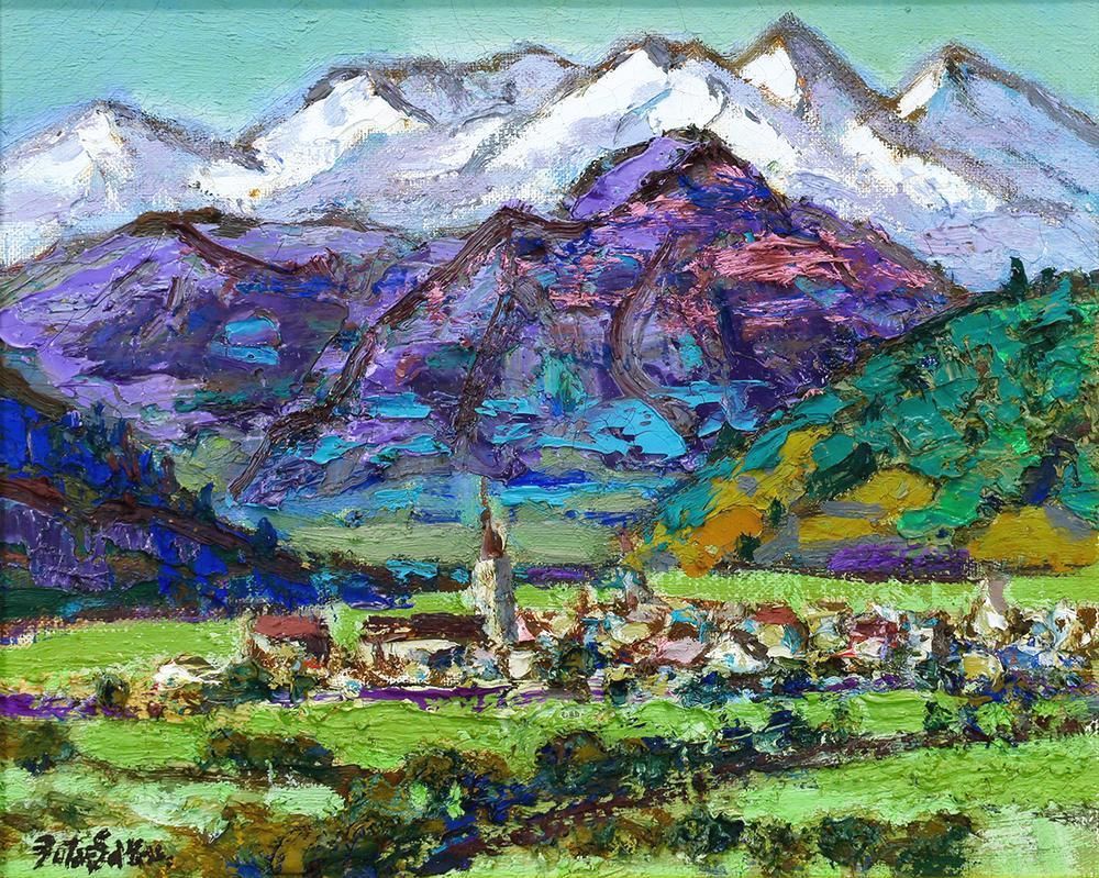 真作】【WISH】二重作龍夫「スイスの平和村」油彩 3号 ◇アルプスに抱