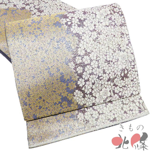 袋帯 中古 リサイクル 正絹 フォーマル 仕立て上がり 六通 桜と紅葉模様 金銀糸 滅紫色 薄鼠色 白色 きもの北條 A1298-11 袋帯 リサイクル 正絹 フォーマル 仕立て上がり 六通 桜と紅葉模様 金
