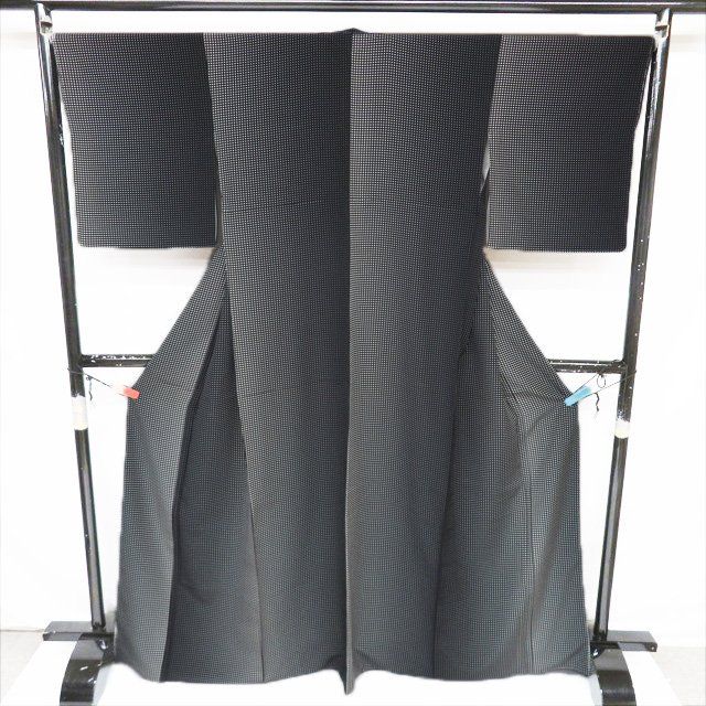 小紋 着物 正絹 袷 カジュアル 升目模様 角通し 黒色 身丈168 5 cm 裄67 L トール ワイド きもの北條 A 1299 6